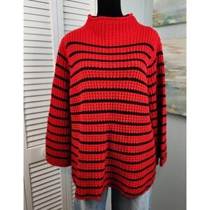 Red Navy Stripe Sweater Large A-Line Chunky Knit Bell Sleeve Y2K